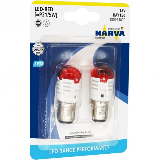 Лампа NARVA P21/5 LED 12V 0.8W/1.75W BAY15d B2 red 2шт. 67766784