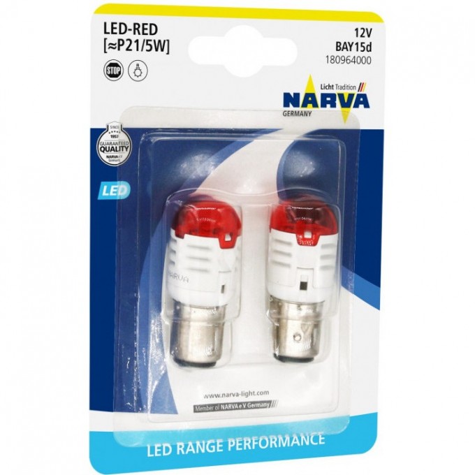 Лампа NARVA P21-5 LED 12V 1.75W BAY15d B2 red 2шт. 82506230